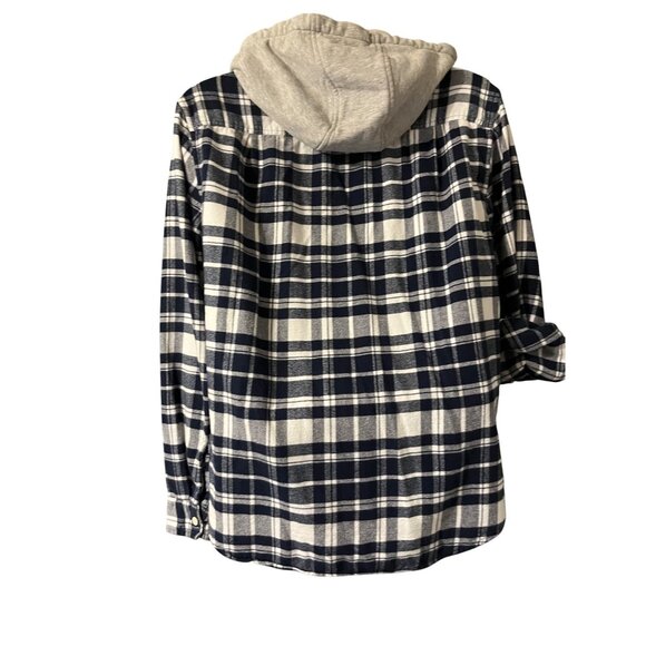 American Eagle Super Soft Hooded Flannel Shirt Dark Blue Plaid L - Picture 3 of 4